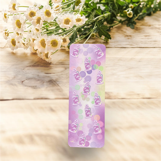 Rainbow cloud bookmark with soft touch laminate finish, showing both sides of the bookmark"