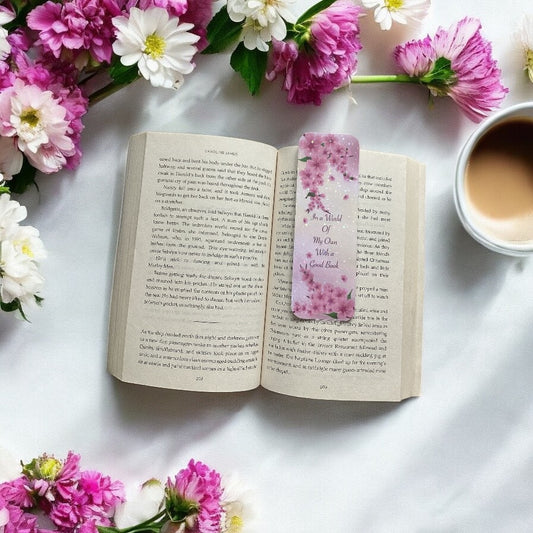 Premium pink cherry blossom bookmark with soft touch laminate and holographic accents, showing detailed floral pattern and quality craftsmanship"
