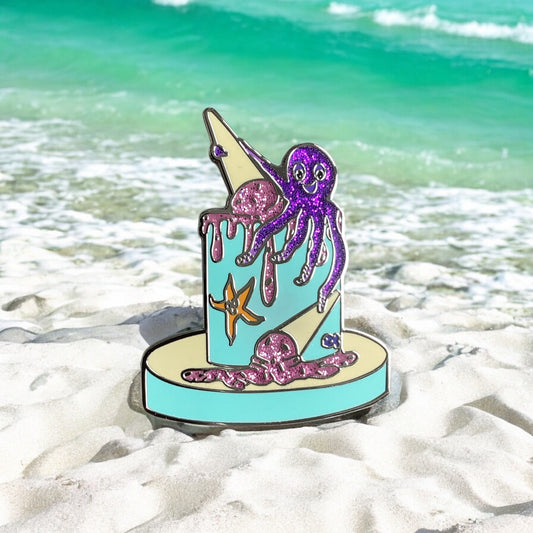 Luxury Summer Fun Octopus Enamel Pin - Glittery octopus enjoying ice cream on beach with starfish friends"