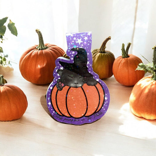 Magnetic Bookmark with a black cat on a pumpkin surrounded by real pumpkins on a light surface.