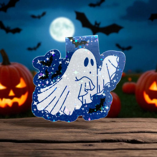 Halloween-themed decorative Magnetic Bookmark with ghost design, pumpkins, and bats in the background.