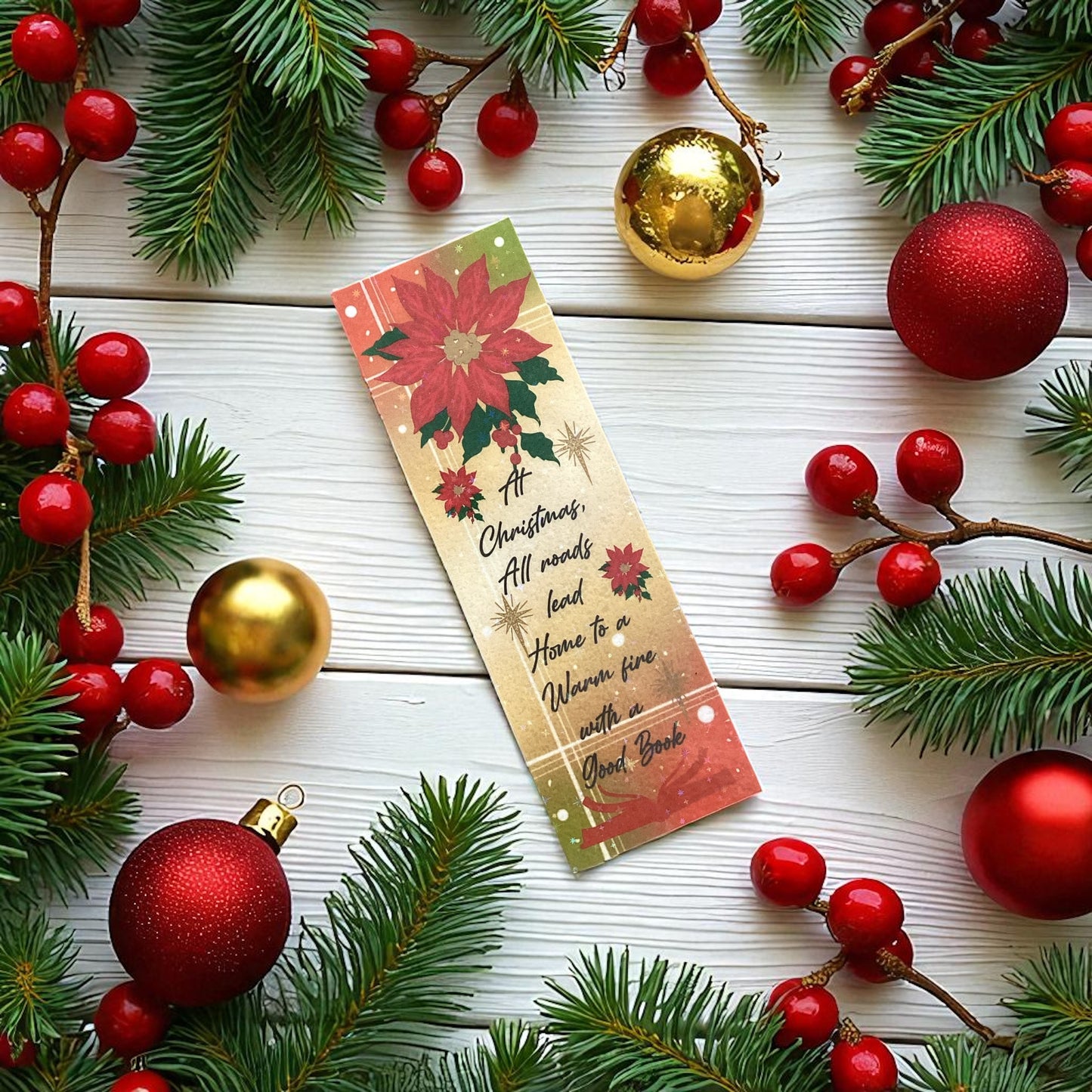 Christmas Poinsettia Sparkle Bookmark | Festive Quote | Book Lover Gift