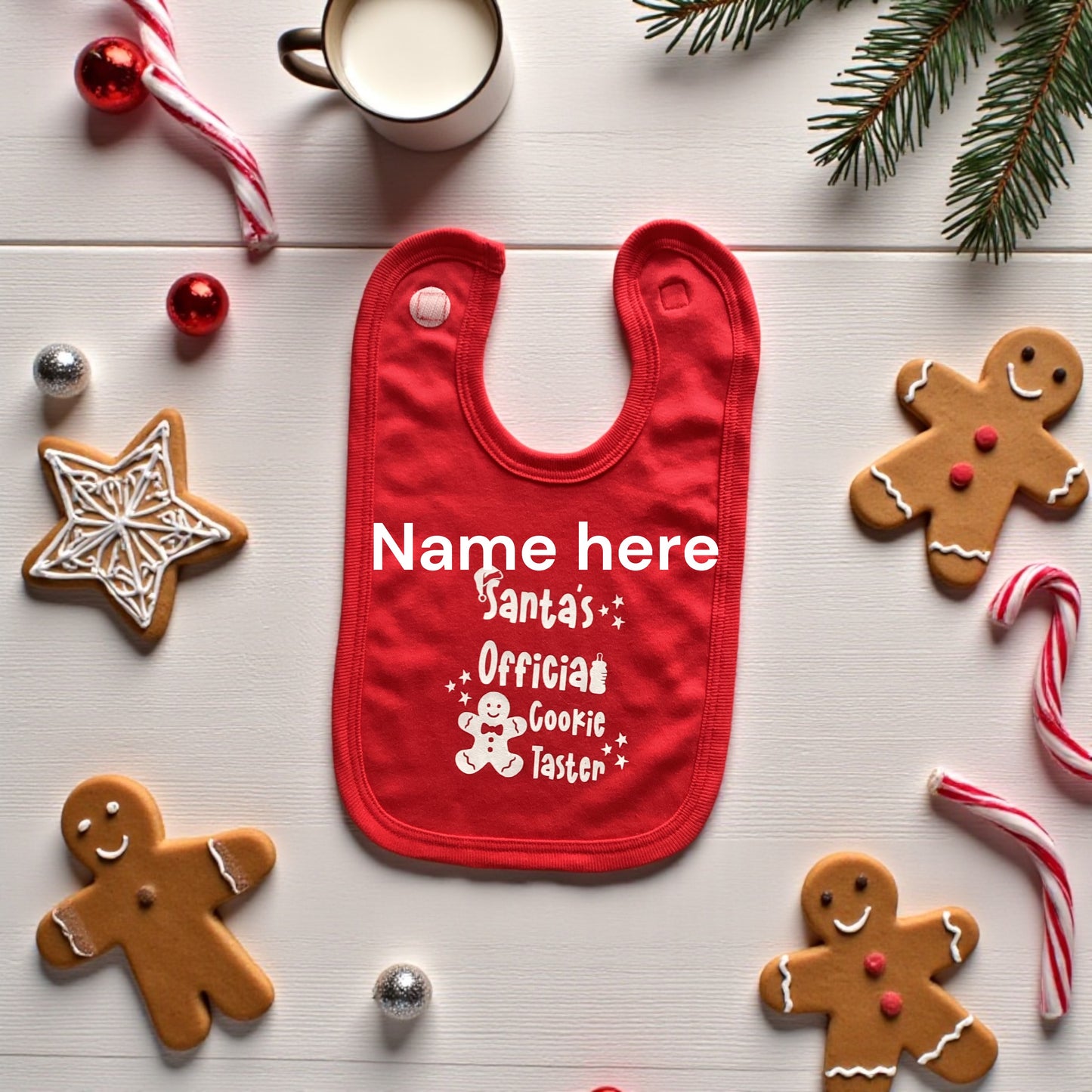 Red Christmas baby Bib with quote ' Santa's Offical Cookie Taster' can be Personalised
