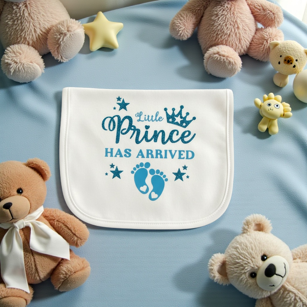 Personalised Prince Has Arrived Baby Bib |Sky Blue - Blue Glitter HTV