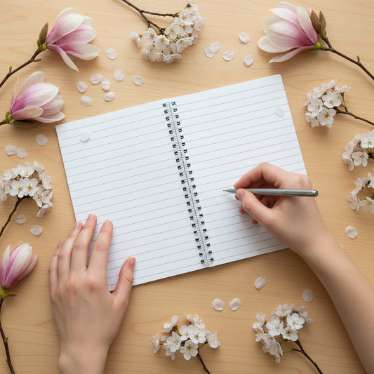 Person writing in a notebook with flowers around on a wooden surface