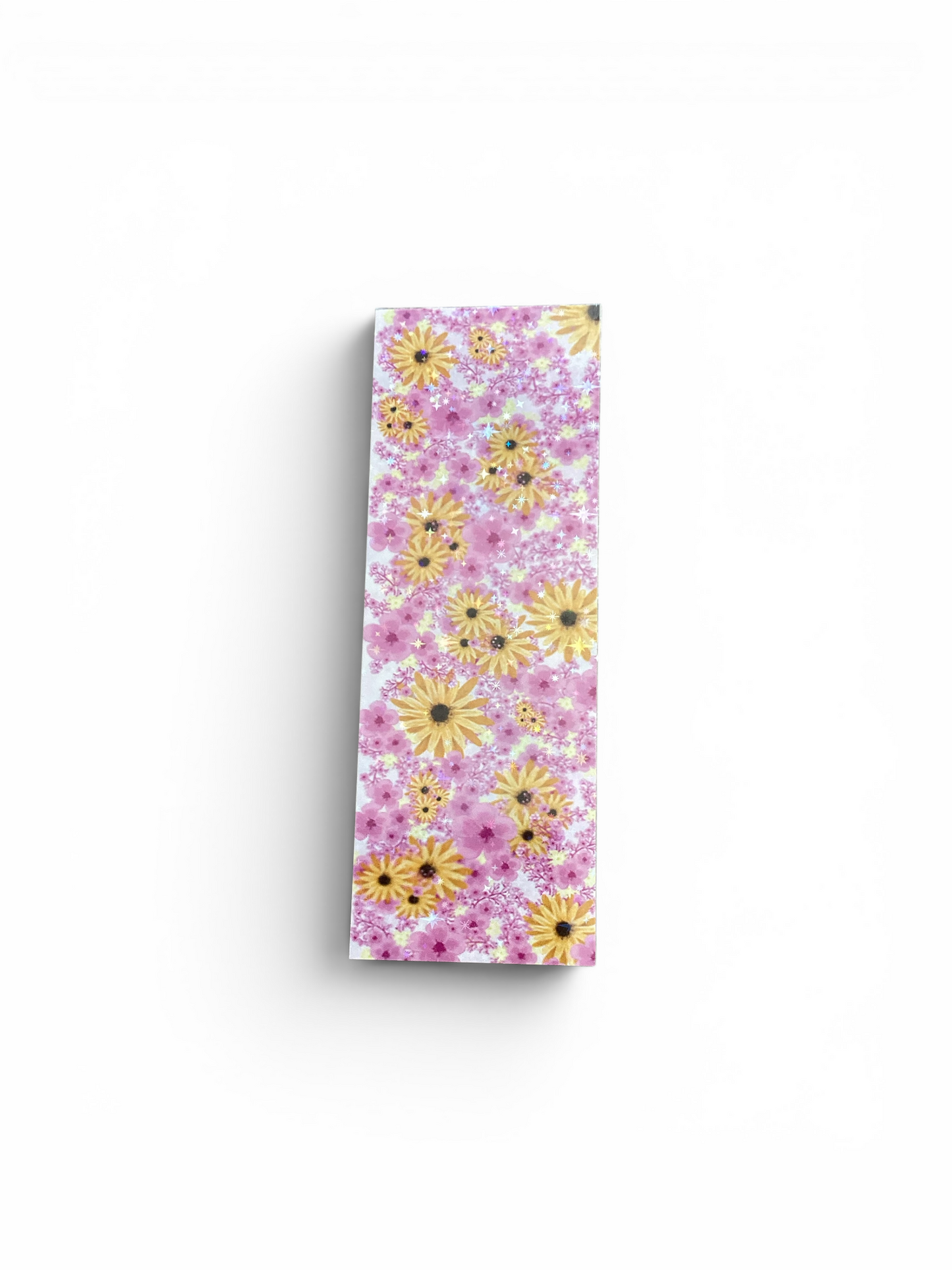 Studio photo of Blossom and Sunflower bookmark with a sparkle having square corners