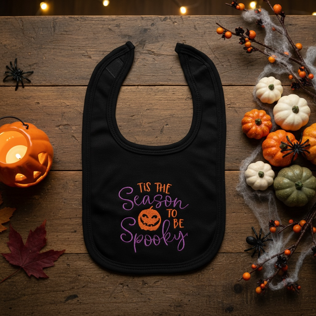 Halloween Baby Bib – Embroidered 'Tis The Season To Be Spooky' | Black Cotton