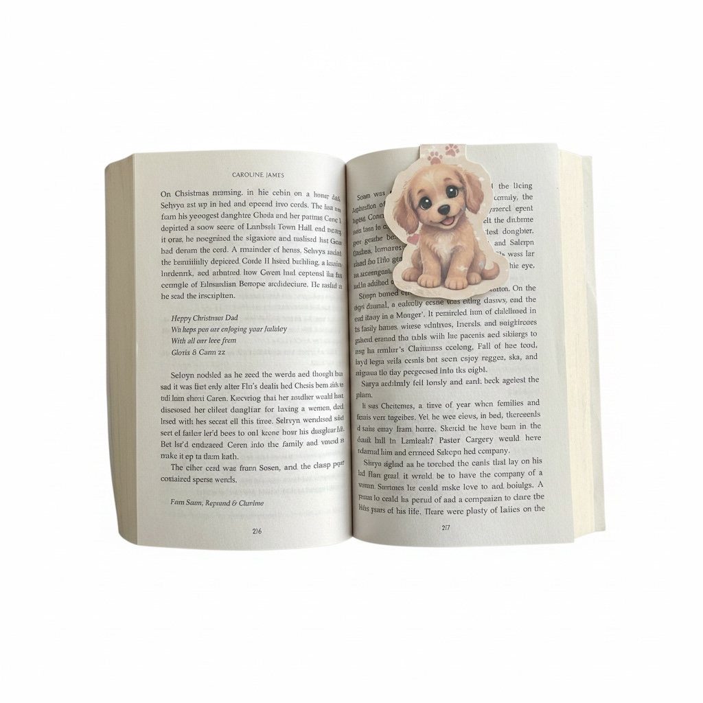 In-use shot — Puppy bookmark clipped in open book, showing scale and magnetic hold