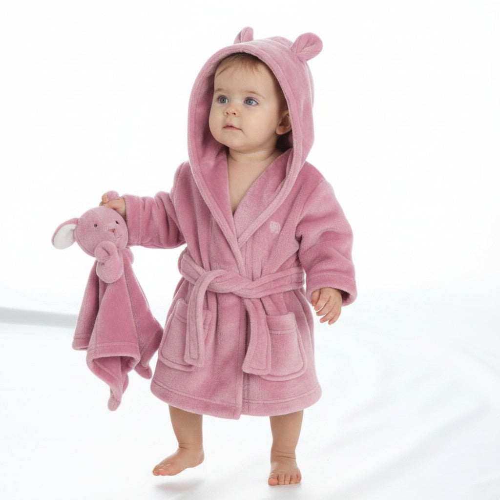 Personalised Pink Baby Dressing Gown | Bear Ears Hood | Soft Plush | 0-24 Months