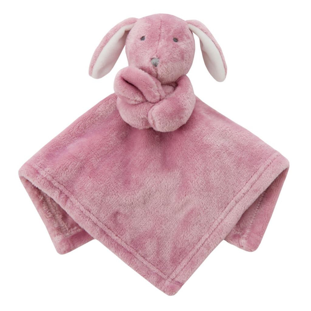 Pink plush bunny toy with blanket on a white background