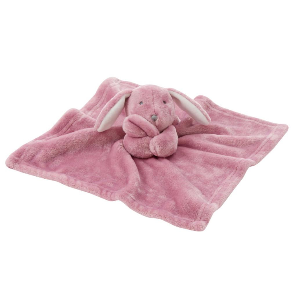 Pink plush bunny toy with blanket on a white background