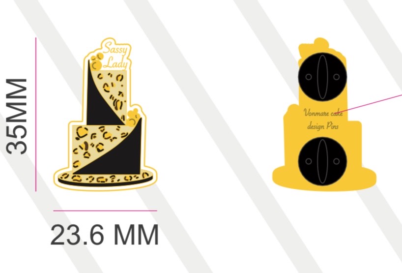 Size comparison of Sassy Lady Leopard Print Enamel Pin - Gold leopard cake design pin dimensions and specifications for collectors