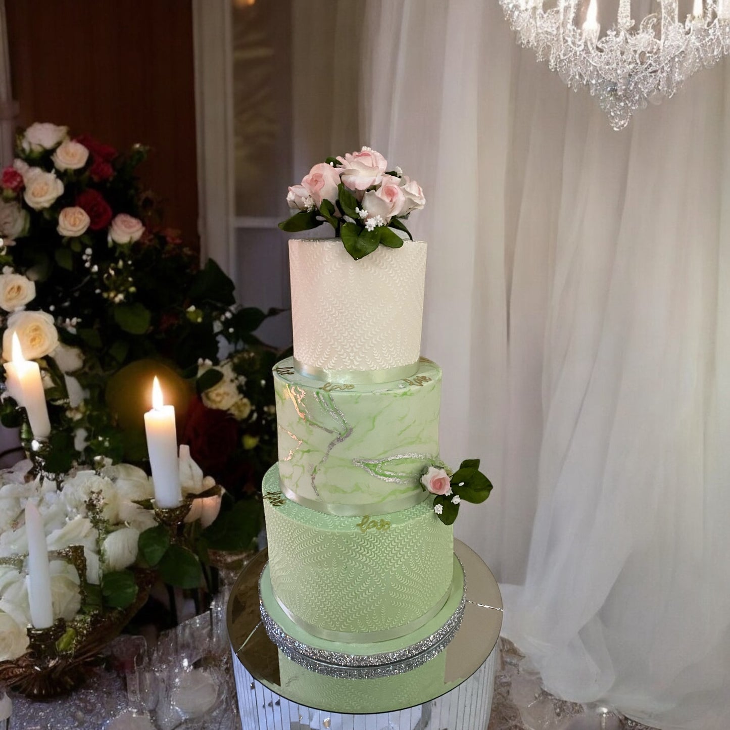 Original 3 tier cake inspiration - Luxury floral and green cake design with silver accents 