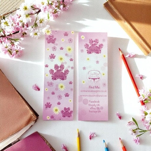 Pink Paw Print Bookmark - Front View - Adorable Cat and Dog Lover Gift with Glossy Finish"