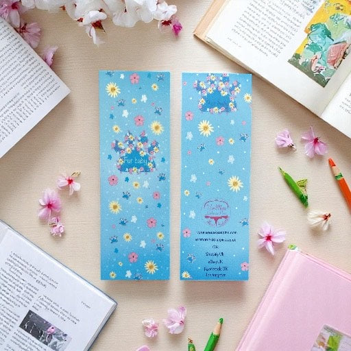 "Blue Paw Print Bookmark - Front View - Adorable Cat and Dog Lover Gift with Glossy Finish"