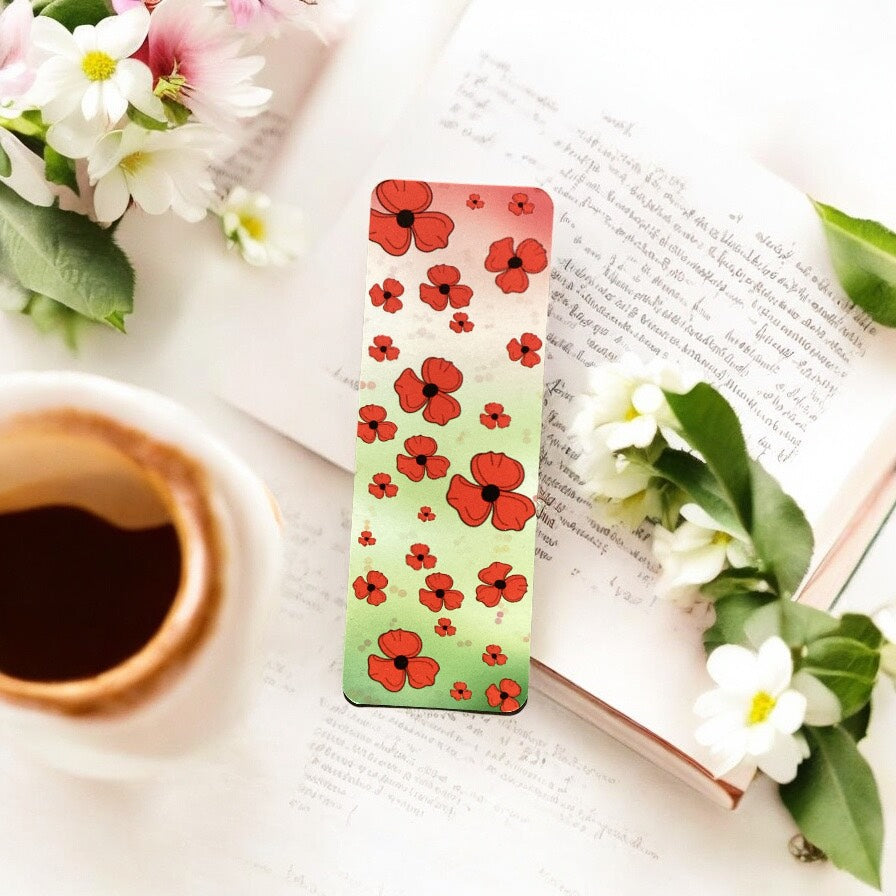 Field of Poppies Bookmark - Front View - Luxury Velvet Soft Touch Finish with Vibrant Red Poppy Design"