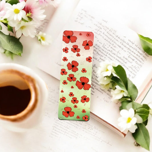 Field of Poppies Bookmark - Front View - Luxury Velvet Soft Touch Finish with Vibrant Red Poppy Design"