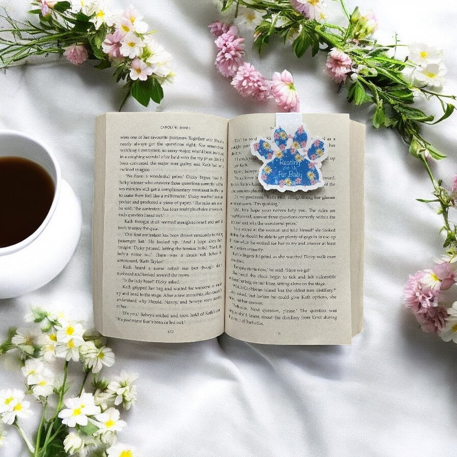 "Magnetic Blue Paw Print Bookmark - Front View - Cute Pet-Themed Bookmark with Strong Magnetic Clip"