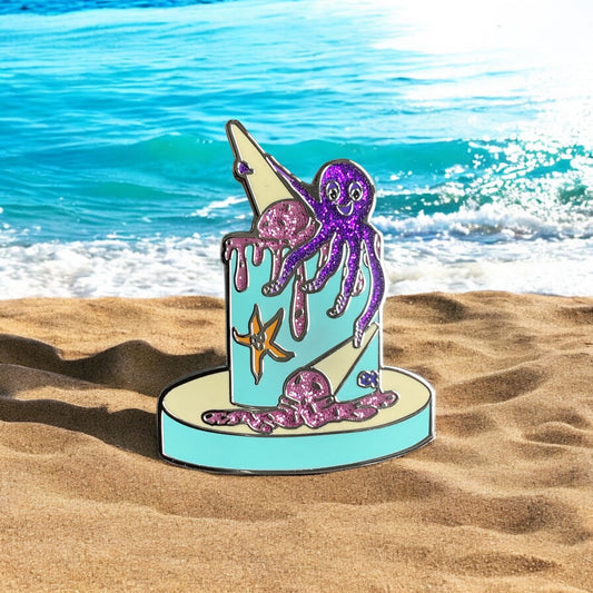 Colourful Octopus Enamel Pin - Close-up view showing detailed glitter finish and vibrant colours"