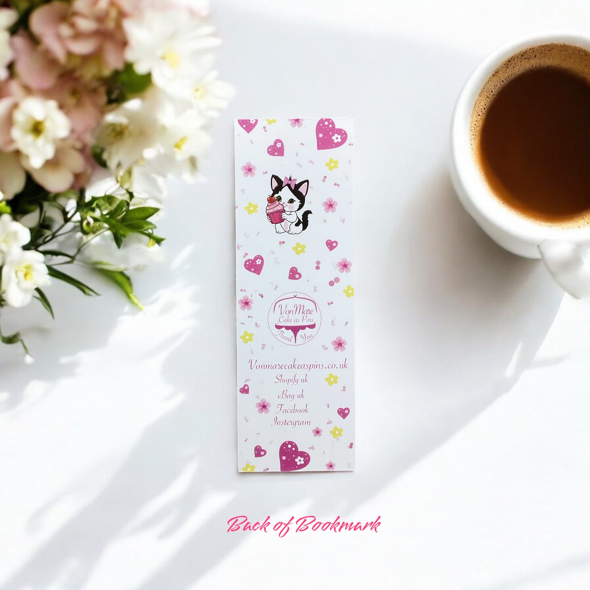 Kitten bookmark with cupcake - Rear view showing double bookmark design  and durability"
