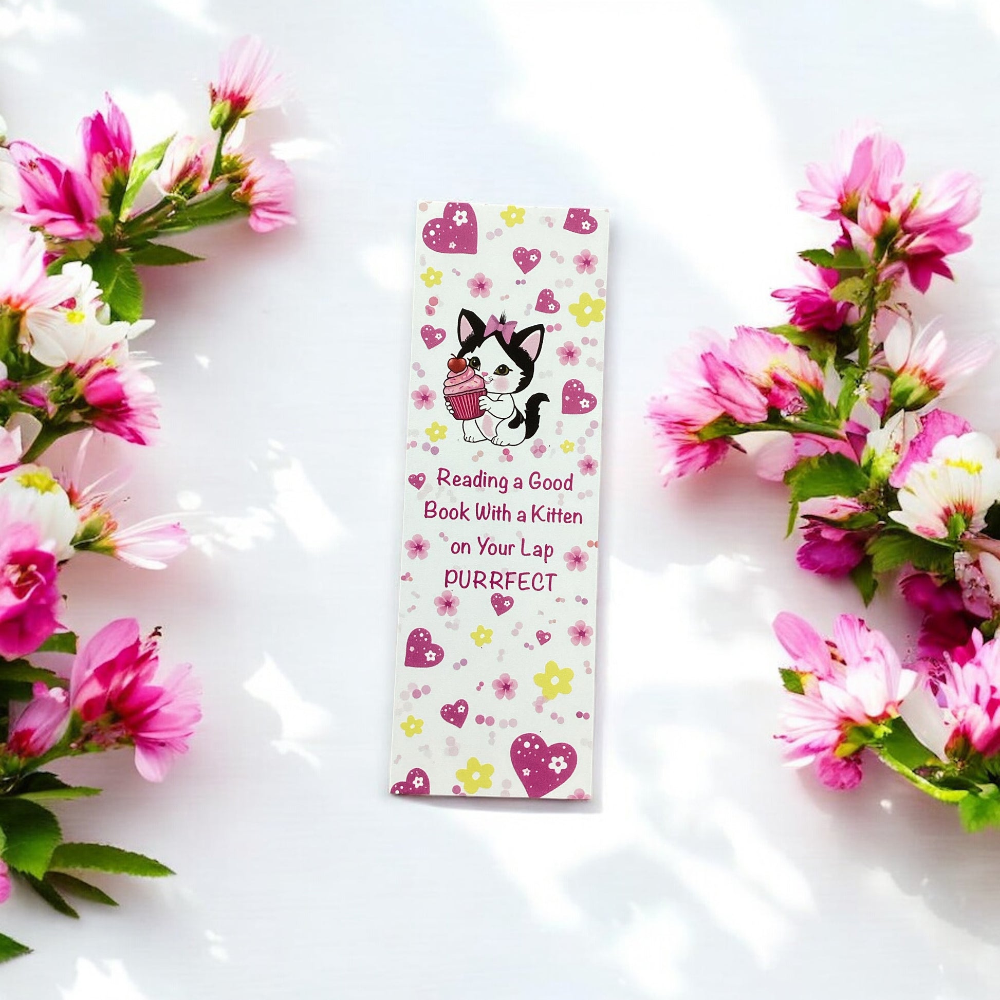 Adorable kitten bookmark with cupcake - front view showing cute cat design"