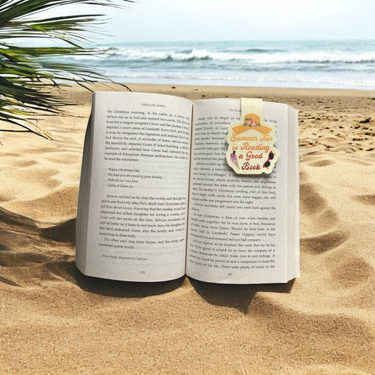 Double Sided Magnetic Bookmark with Summer Beach Theme - Open View Showing Vibrant Summer Icons"
