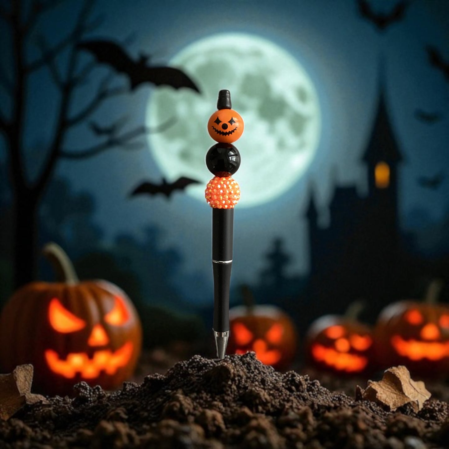 Halloween Pumpkin Beaded Pen | Black Case & Biro