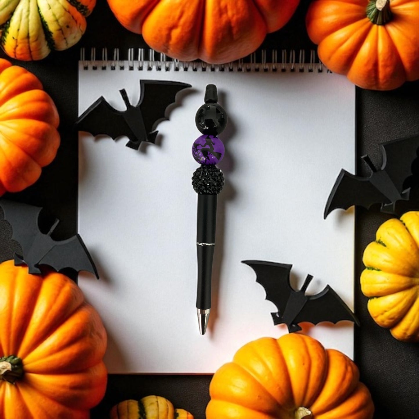 Halloween Witch Beaded Pen with Black Case & Biro