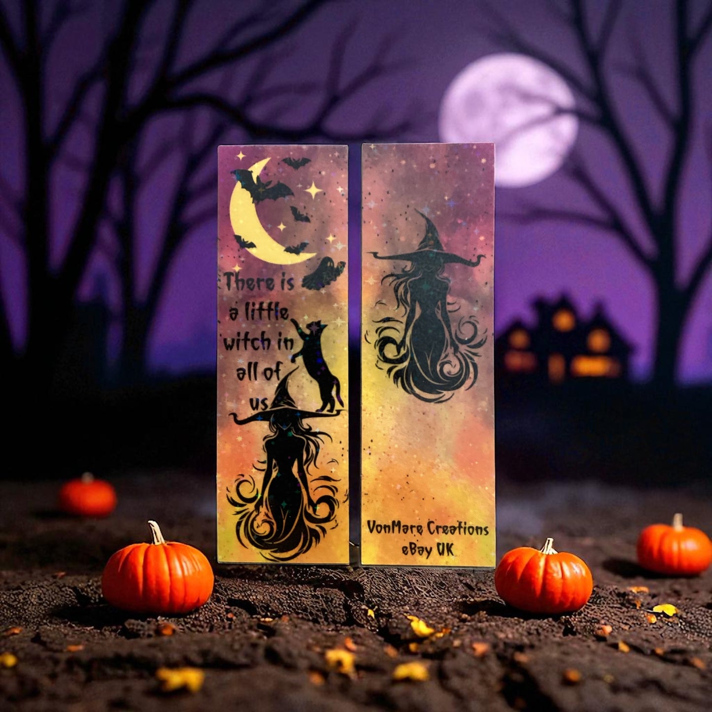 Halloween Witch & Black Cat Bookmark | Glitter Laminated