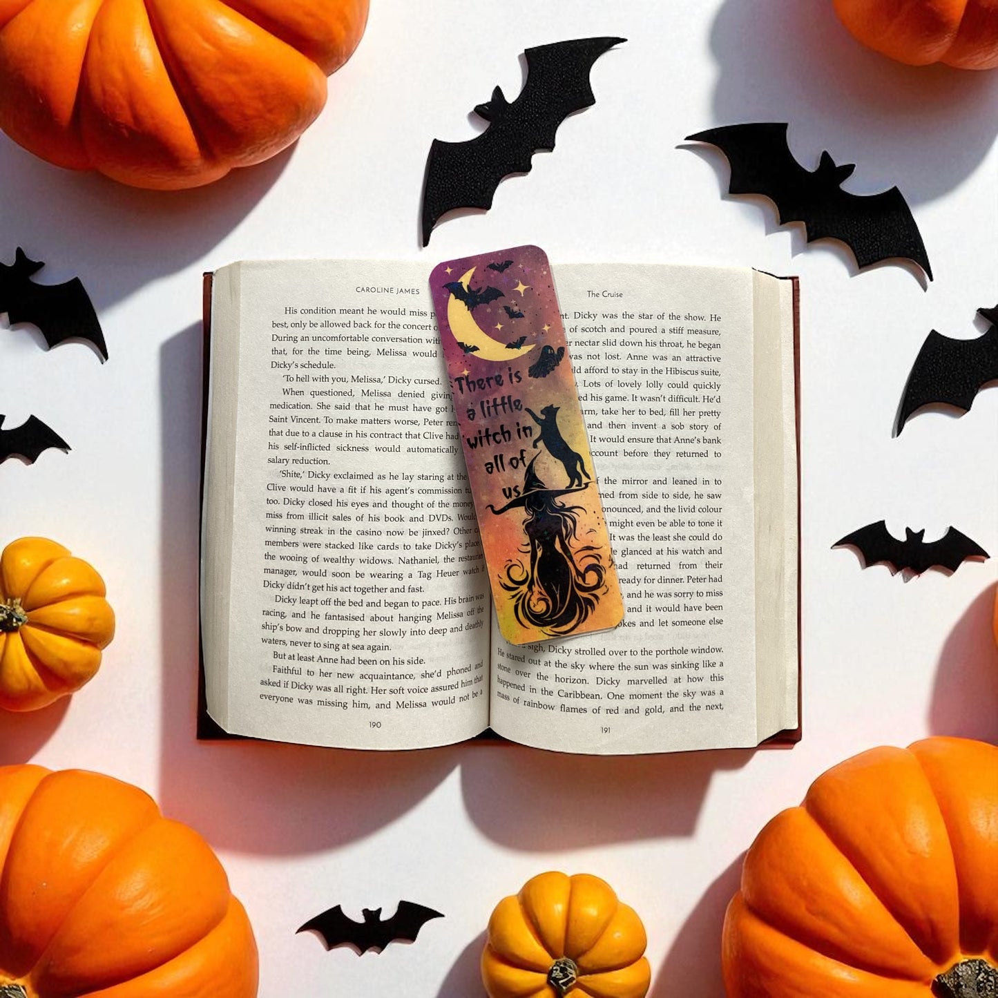 Halloween Witch & Black Cat Bookmark | Glitter Laminated