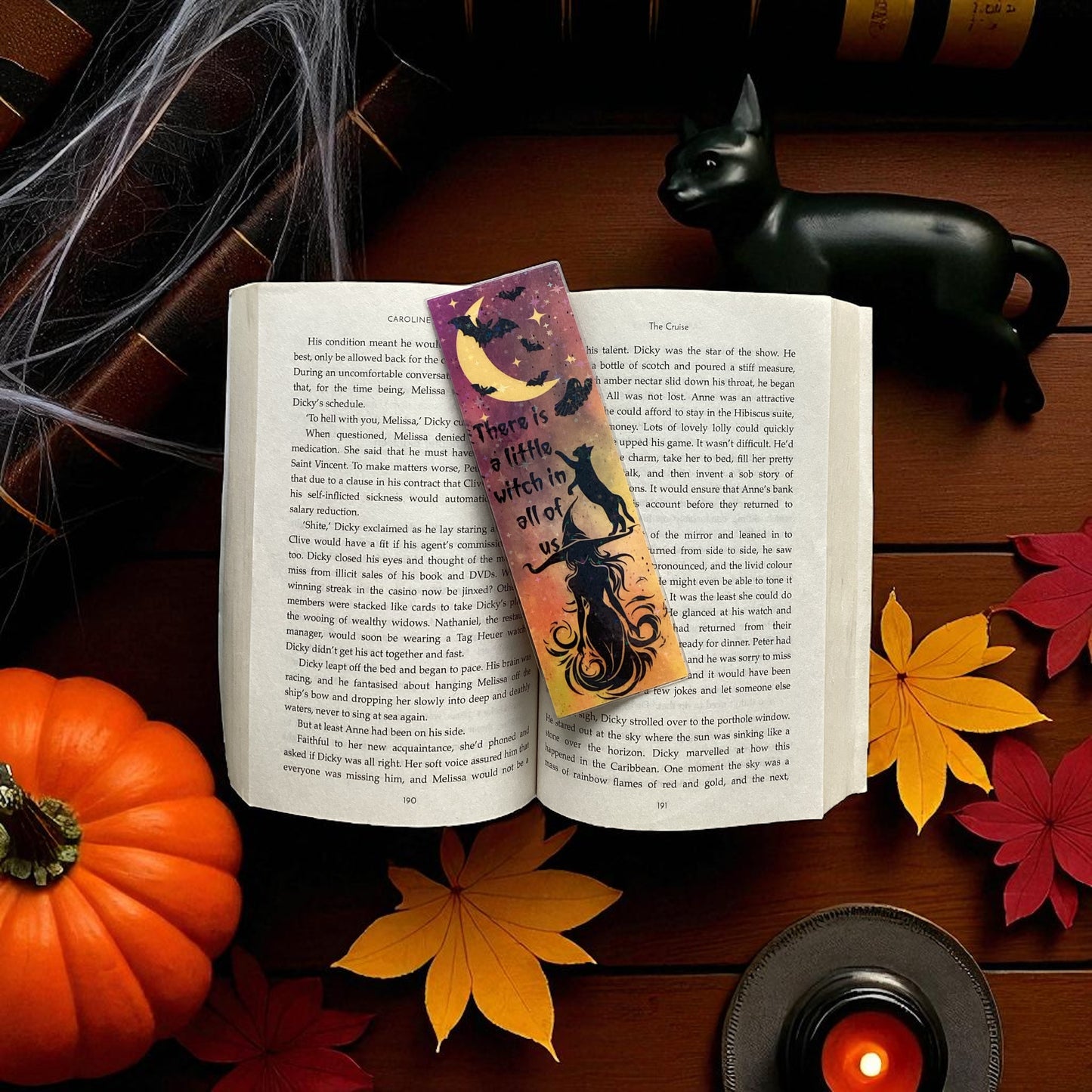 Halloween Witch & Black Cat Bookmark | Glitter Laminated