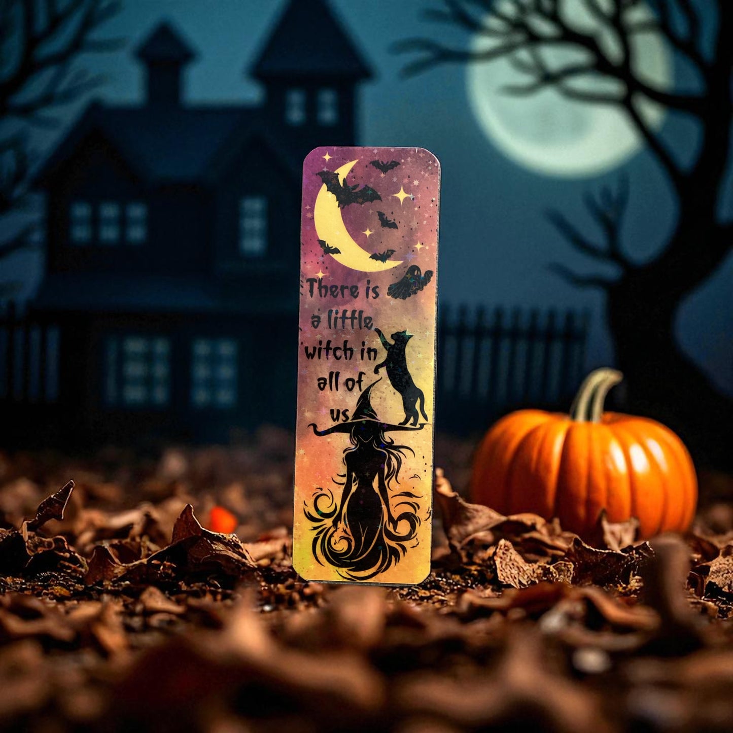 Halloween Witch & Black Cat Bookmark | Glitter Laminated