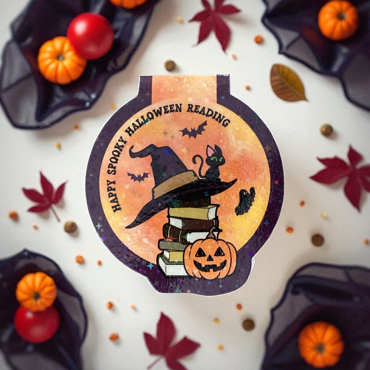 Halloween Cat & Books Magnetic Bookmark | Sparkle Finish