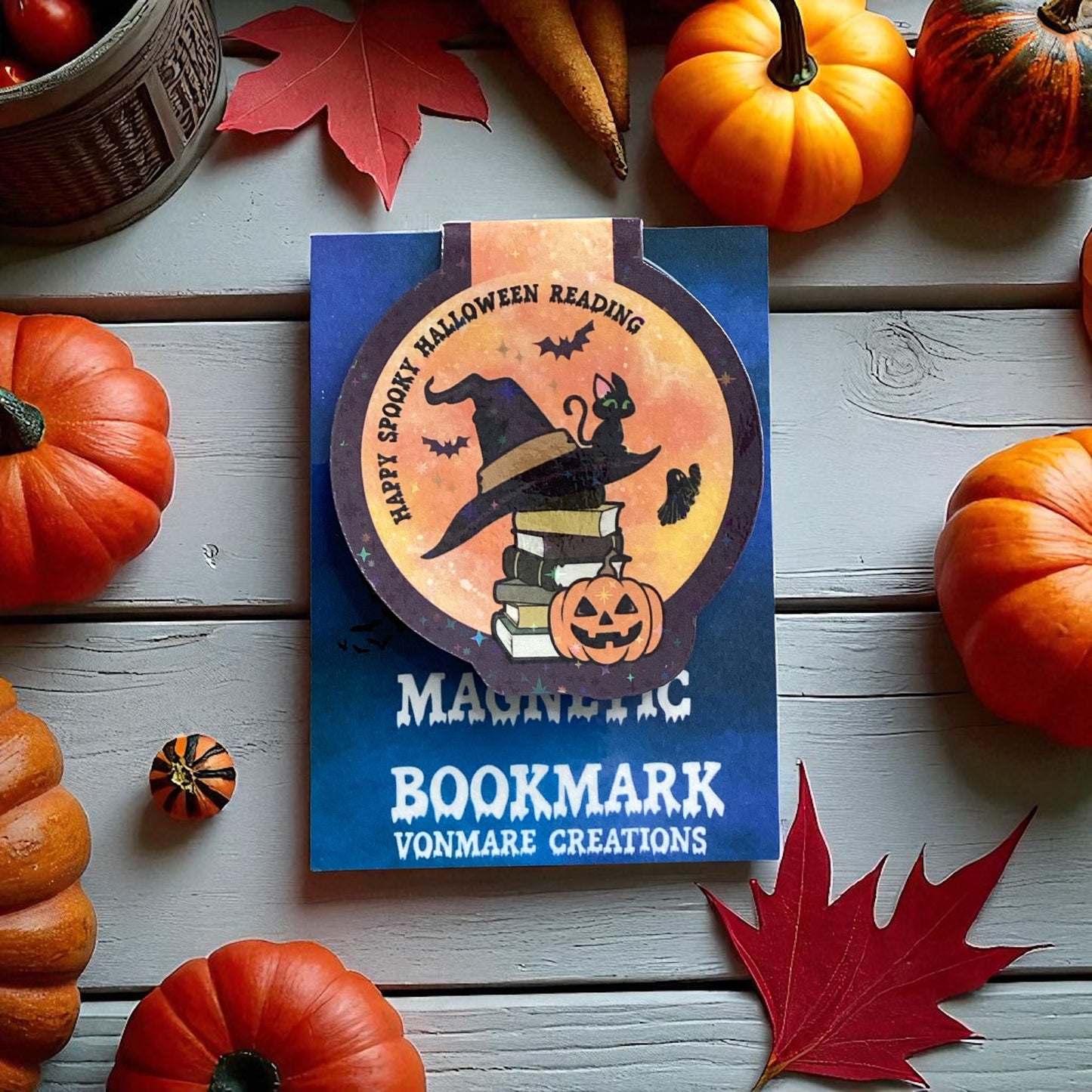 Halloween Cat & Books Magnetic Bookmark | Sparkle Finish