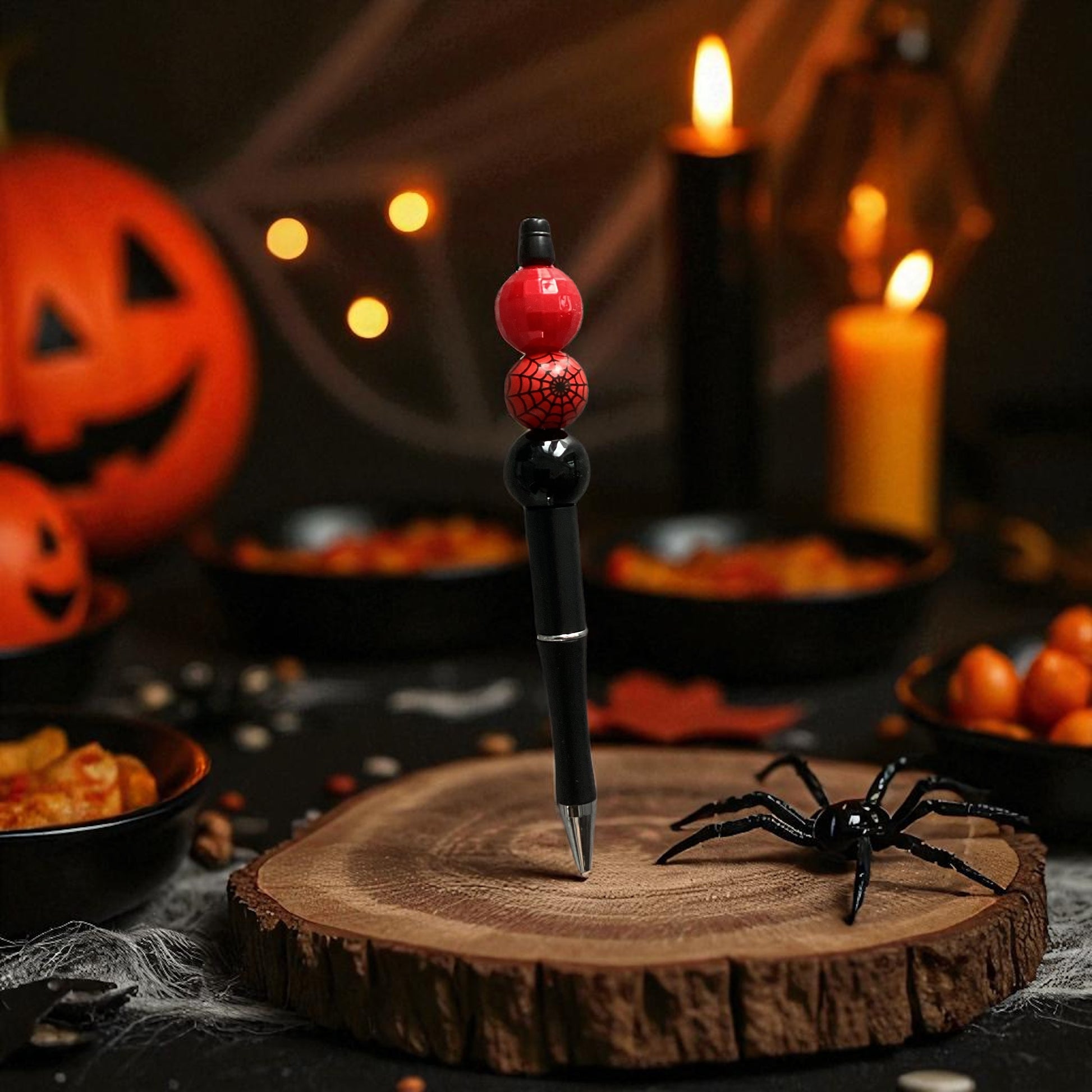 "Halloween spider beaded pen close-up showing red bead detail and black biro, made in the UK"