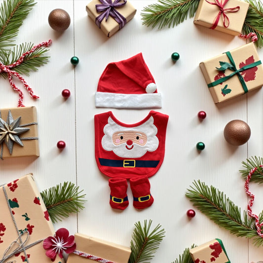Baby Christmas Santa Set, Bib, hat and socks - Can be personalised. 0-6 mths