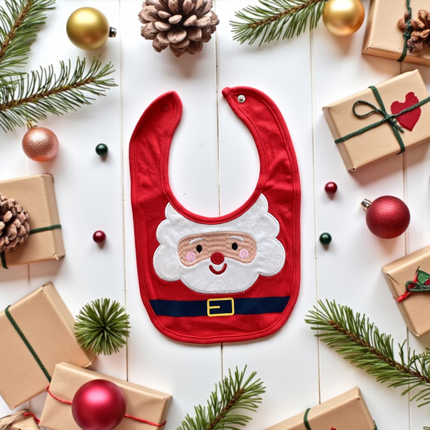 Baby Christmas Santa Set, Bib, hat and socks - Can be personalised. 0-6 mths