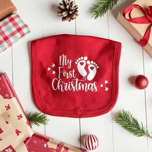 Christmas baby RED bib ' My First Christmas' can be personalised with name