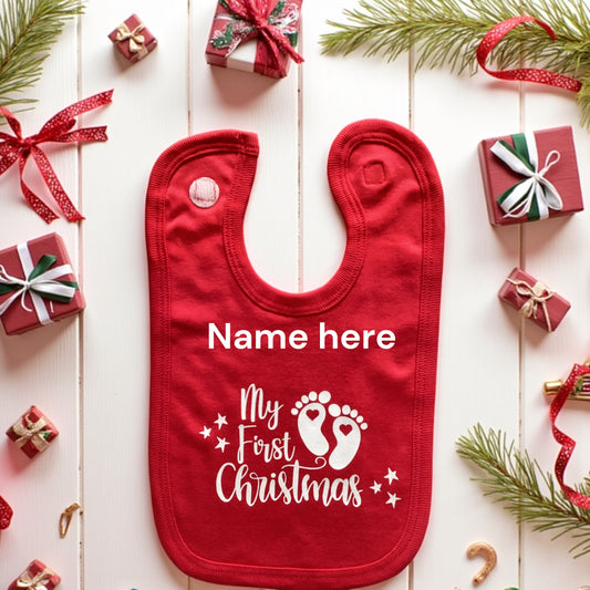Christmas baby RED bib ' My First Christmas' can be personalised with name