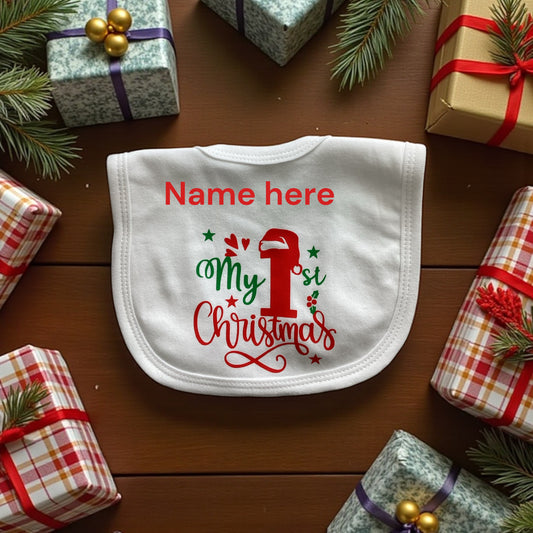 White Christmas baby bib ' My 1st Christmas' can be personalised