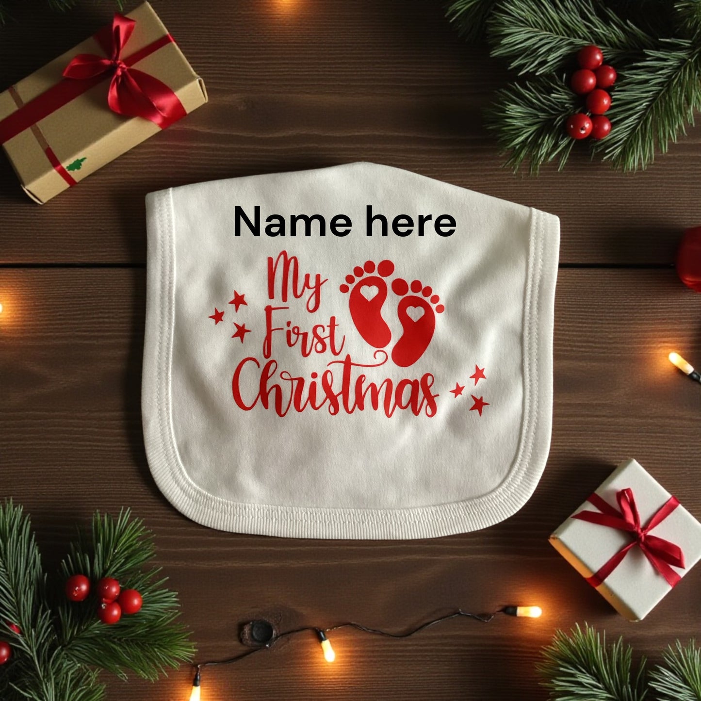 My First Christmas Personalised Baby Bib | White Cotton Keepsake Gift