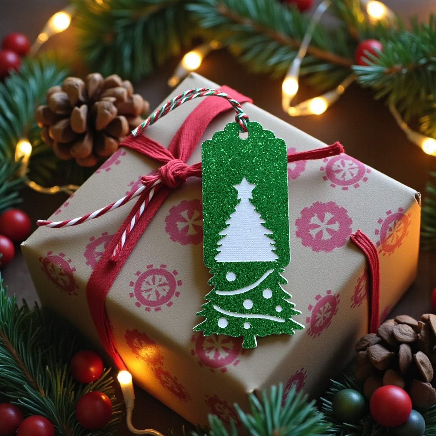 Christmas Glitter Tree Gift Tags | Set of 6 | Festive Green