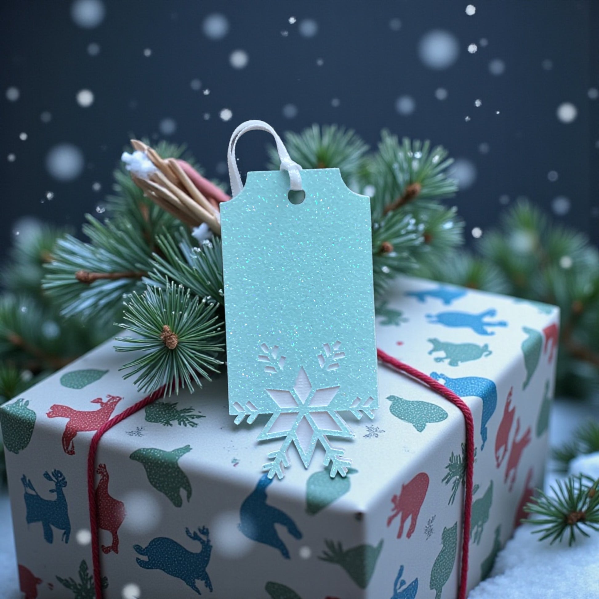(single tag on a wrapped gift): "Ice blue glitter snowflake Christmas gift tag with white satin ribbon attached to a festively wrapped present with pine branches"