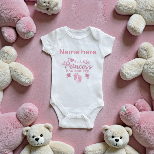 Personalised Baby Vest – "Little Princess Has Arrived" in Pink Glitter | 0–3 Months