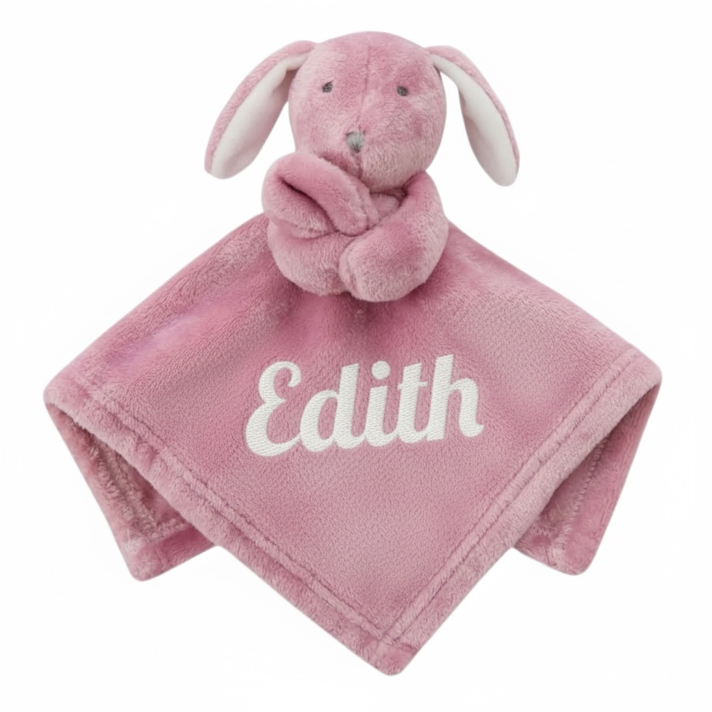 Pink plush bunny with a blanket display name embroidery