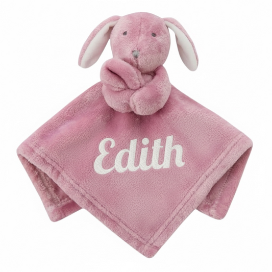 Pink plush bunny with a blanket display name embroidery