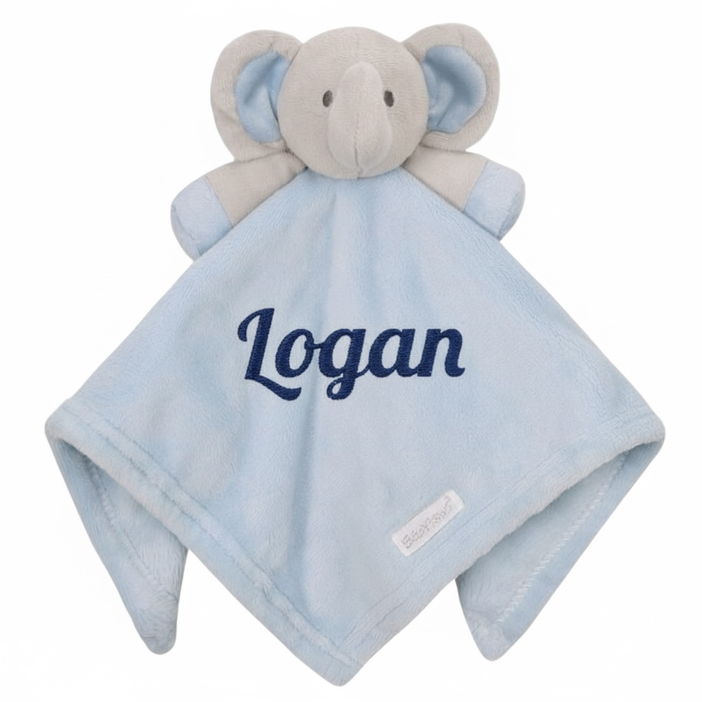 Blue baby blanket with soft toy elephant design personalised embroidery 