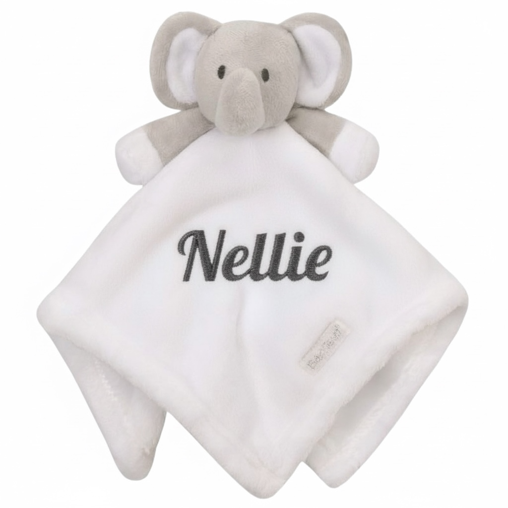 Personalised Baby White Elephant Comforter | Embroidered Soft Toy Gift