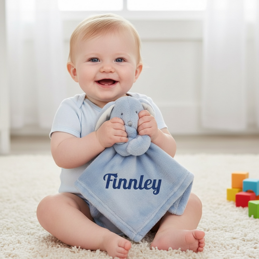 Personalised Dusky Blue Bunny Comforter | Embroidered Soft Baby Toy