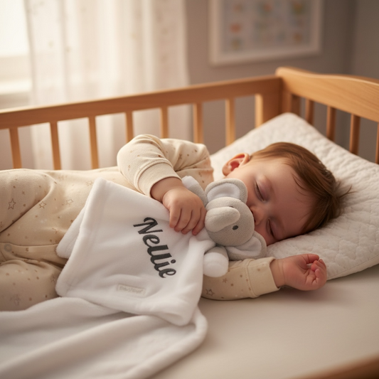 Personalised Baby White Elephant Comforter | Embroidered Soft Toy Gift